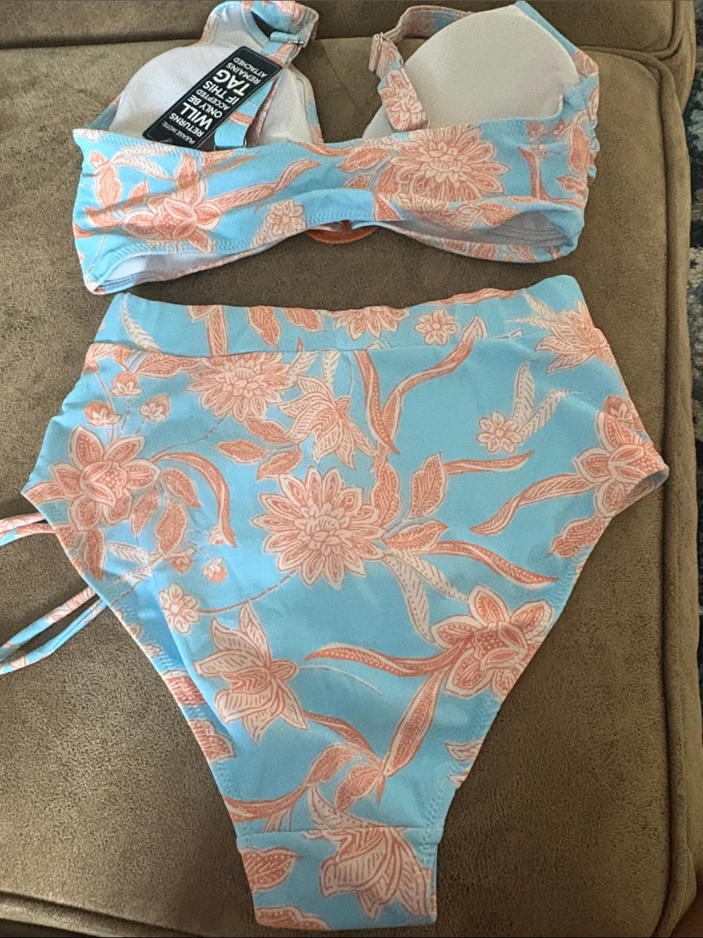 Light Blue Floral High-Waist Bikini Set with Ring Detail